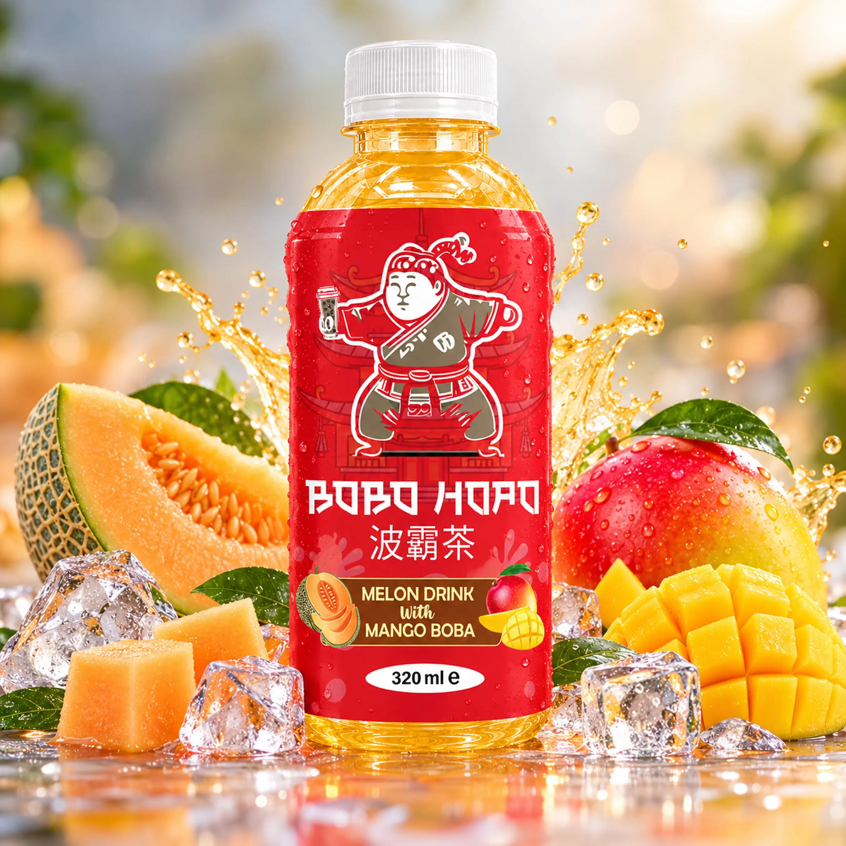 Bobo Hopo 320 ml melon drink with mango boba, fresh melon, mango, ice cubes and fruit splash.
